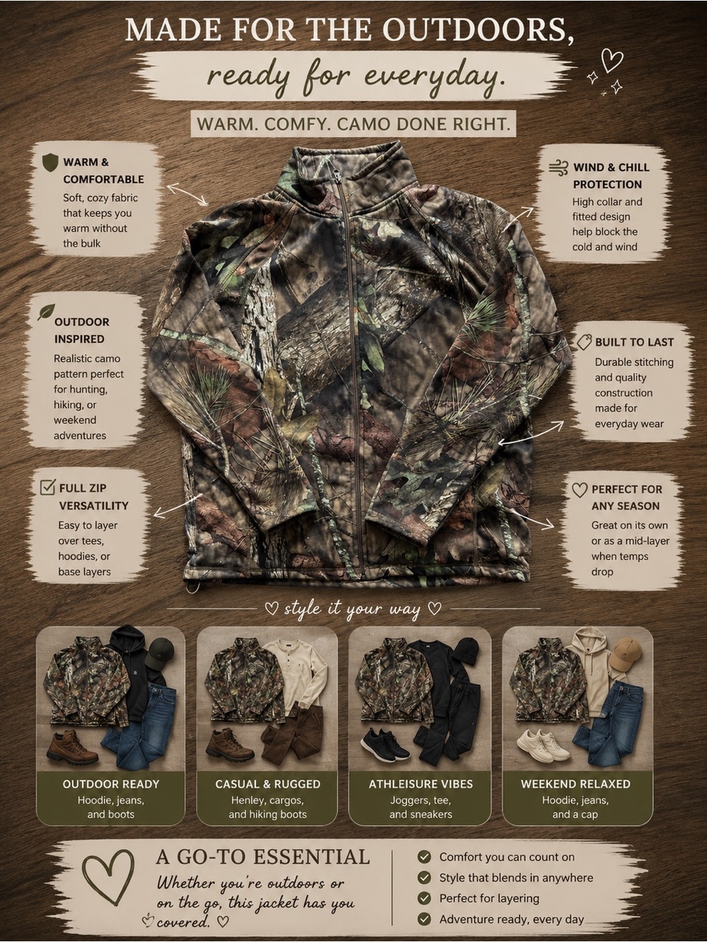 Full-Zip Camouflage Hunting Jacket - Realtree Style Brown/Green